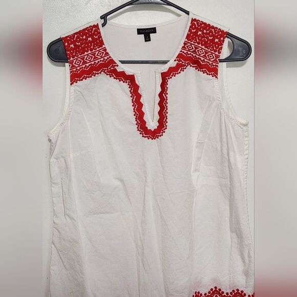 Talbots Sleeveless Aztec White w/ Red Embroidery Cotton Tunic Top Blouse -Size S - Picture 4 of 8